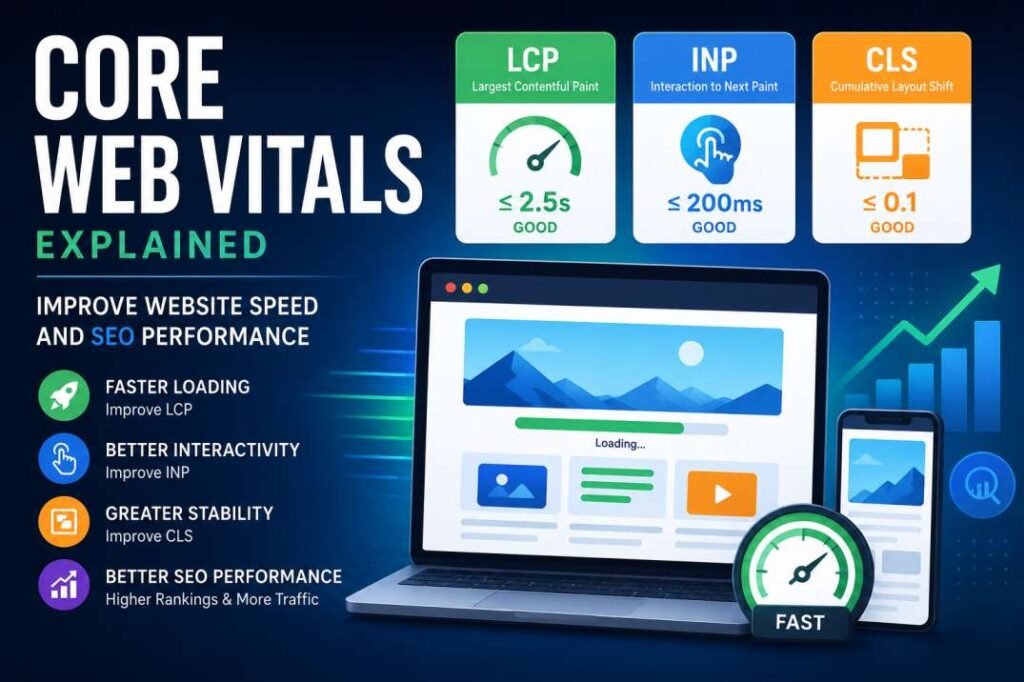 Core Web Vitals infographic illustrating LCP, INP, CLS, website speed, user experience, and SEO performance.