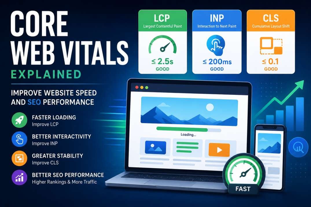 Core Web Vitals infographic illustrating LCP, INP, CLS, website speed, user experience, and SEO performance.