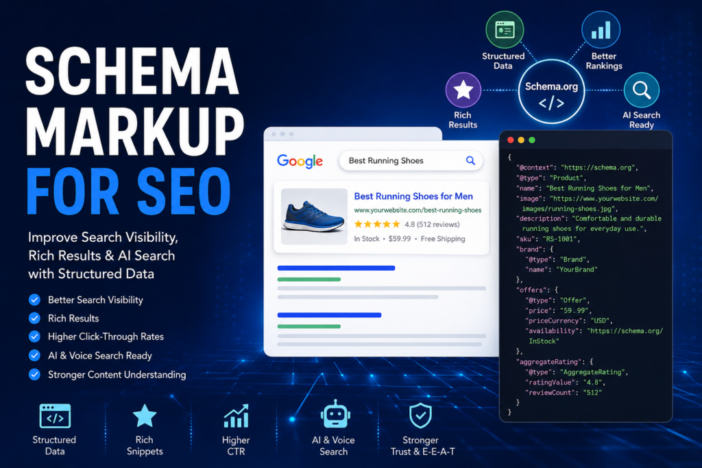 Schema Markup for SEO illustration showing structured data, rich results, and AI-powered search.